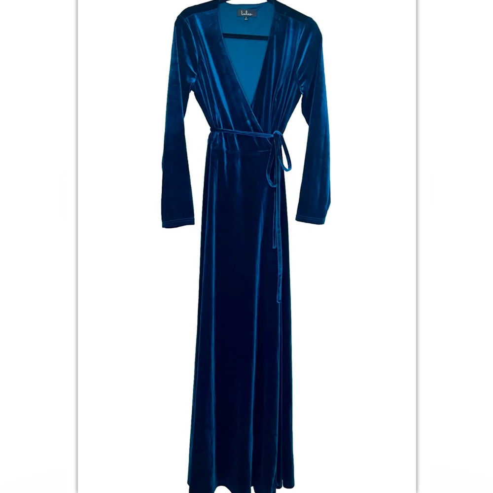 LULUS JACINDA Velvet Wrap Maxi Teal Long Sleeve Size L Worn Once